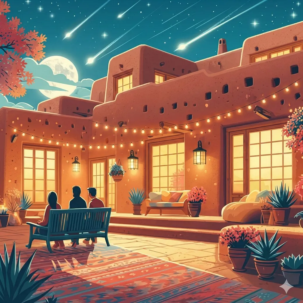 Santa Fe adobe home at night with string lights, starry sky, and welcoming courtyard