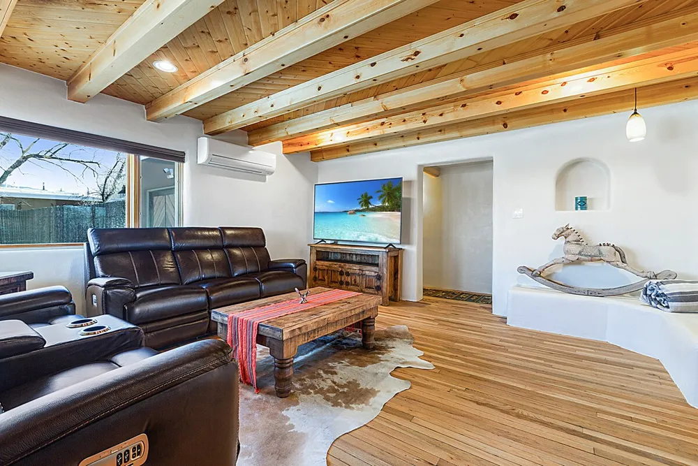 Santa Fe rental home with adobe architecture and comfortable Southwestern decor